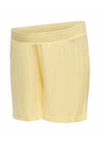 Shorts en tricot côtelé jaune doux avec une large ceinture élastique, longueur mi-cuisse, et une finition lisse et sans coutures.