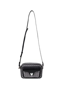 Borsa a tracolla con un motivo grigio testurizzato e rifiniture in pelle nera. Presenta una chiusura con zip e dettagli in metallo argentato.