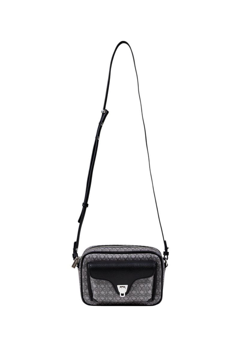 Borsa a tracolla con un motivo grigio testurizzato e rifiniture in pelle nera. Presenta una chiusura con zip e dettagli in metallo argentato.