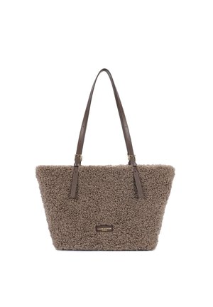 Sac cabas marron texturé avec de longues anses en cuir brun foncé et un petit logo Lancaster Paris au centre avant.