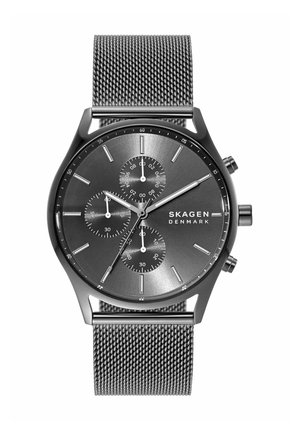 Reloj de hombre Skagen con correa de malla negra de acero inoxidable, cronógrafo, esfera redonda negra, marcadores plateados y tres subesferas.