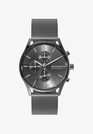 Reloj de hombre Skagen con correa de malla negra de acero inoxidable, cronógrafo, esfera redonda negra, marcadores plateados y tres subesferas.