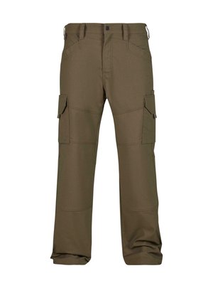 Cargo broek in donkergroen olijf, met meerdere zakken, verstevigde stiksels, een rechte pasvorm en een gladde textuurstof.