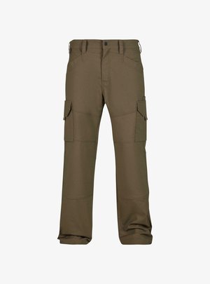 Pantaloni cargo di colore verde oliva scuro, dotati di numerose tasche, cuciture rinforzate, vestibilità dritta e un tessuto a superficie liscia.