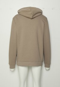 Hooded sweatshirt in light brown fabric, featuring long sleeves, a ribbed hem, and no visible patterns or embellishments.