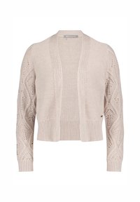 Lichtbeige gebreide cardigan met open voorkant, textuur in het lichaam, geribbelde manchetten en een ingewikkeld kantpatroon op de mouwen. Ontworpen om te combineren.