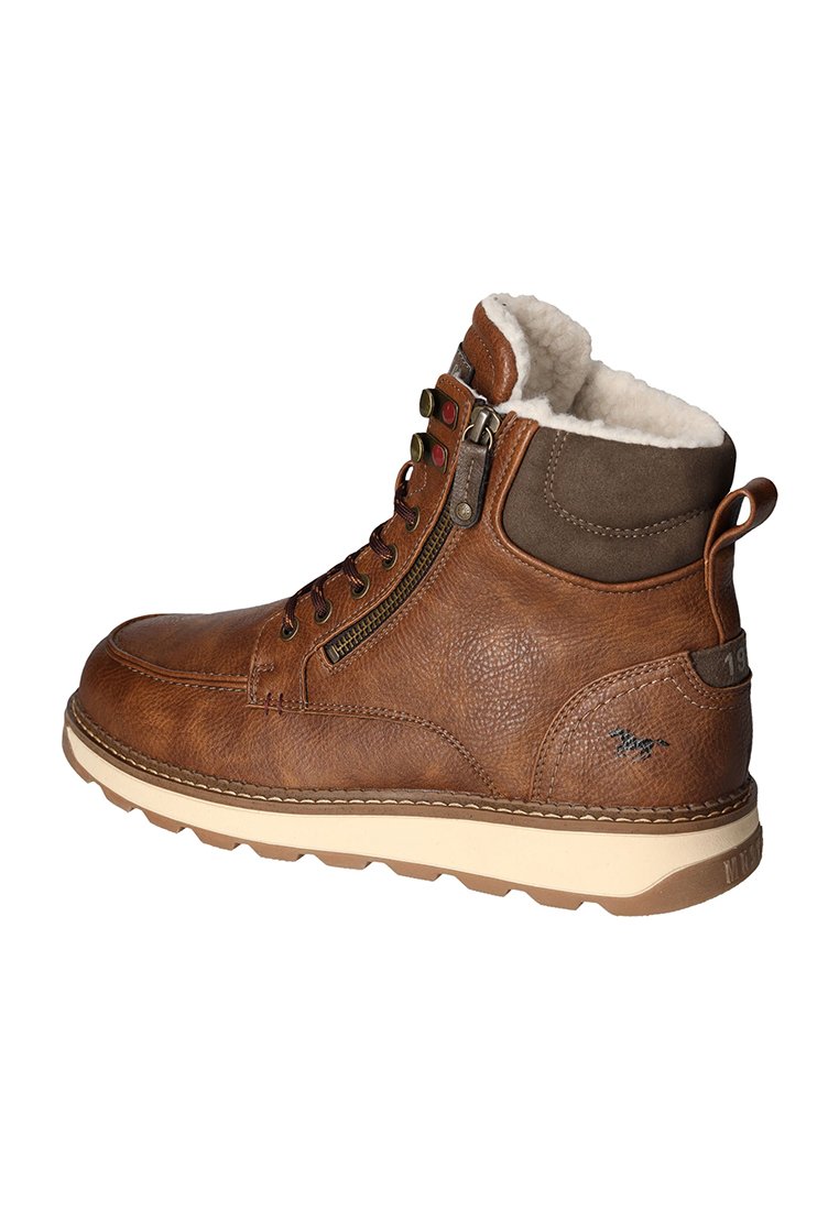 Braune Leder-Ankle-Boots mit weißem Kunstfellfutter, seitlichem Reißverschluss, runden Schnürsenkeln und beiger Gummisohle. Mit gestickten Details und Logo.