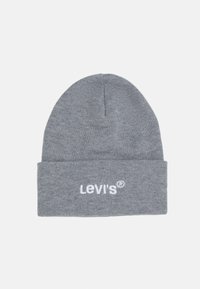 Berretto a maglia grigio realizzato in tessuto morbido, con risvolto e logo "Levi's" ricamato in bianco sulla parte anteriore.