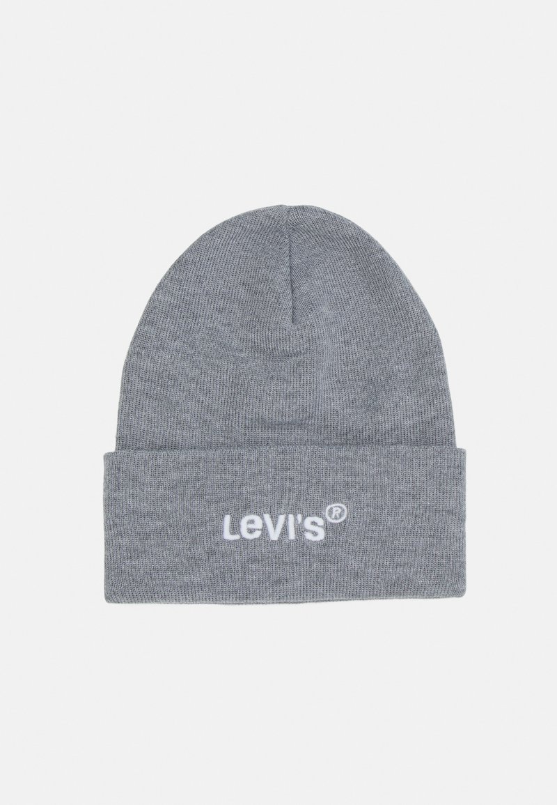 Berretto a maglia grigio realizzato in tessuto morbido, con risvolto e logo "Levi's" ricamato in bianco sulla parte anteriore.
