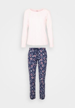 Top lungo a maniche corte rosa chiaro abbinato a pantaloni da pigiama blu navy con stampa floreale, dotati di vita con coulisse e polsini elasticizzati.