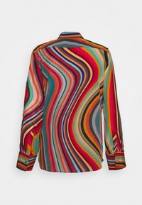 Chemise à manches longues avec des rayures verticales ondulées multicolores dans des tons rouges, orange, bleu, vert et beige, vue de dos.