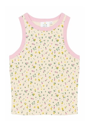 Csíkos ujjatlan felső világos krém színben, rózsaszín nyakkivágási akcentusokkal. Virágmintázattal rendelkezik, sárga és rózsaszín virágokkal, zöld szár háttérrel.