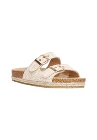 Sandali scivolati beige in tessuto con due cinturini regolabili e fibbie in tonalità oro. Sottopiede in sughero e suola in gomma testurizzata.