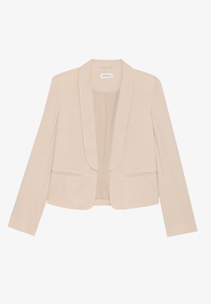 Beige dames skræddersyet blazer med sjalskrave, lange ærmer, to forreste paspolerede lommer og en kortet bund.