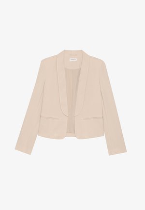 Blazer pour femmes beige ajusté avec col châle, manches longues, deux poches passepoilées à l'avant et bas court.