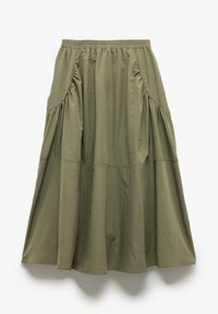 Gonna leggera verde oliva con vita elasticizzata, dettagli arricciati ai lati e forma svasata a A. Tessuto morbido, di lunghezza al ginocchio.