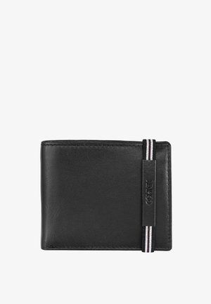 Czarna skórzana portmonetka o gładkiej fakturze, z poziomą elastyczną taśmą w paski i wytłoczonym logo z boku.