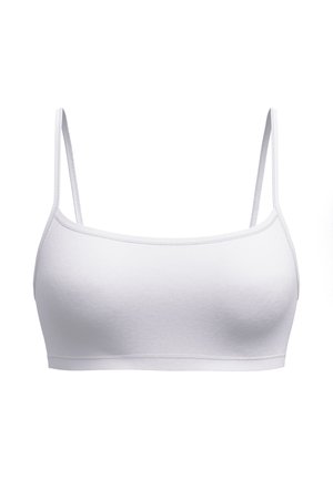Witte, naadloze bralette met dunne, verstelbare bandjes; gemaakt van zachte, elastische katoen; gladde textuur, zonder padding of beugels.