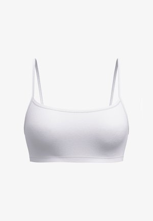 Bralette blanc, sans couture, avec des fines bretelles réglables ; fabriqué en coton doux et élastique ; texture lisse, sans rembourrage ni armature.