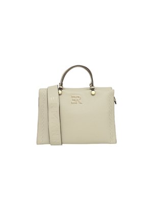Borsa a tracolla in pelle beige con finitura testurizzata, doppi manici superiori, tracolla staccabile e dettaglio del logo impresso sulla parte anteriore.
