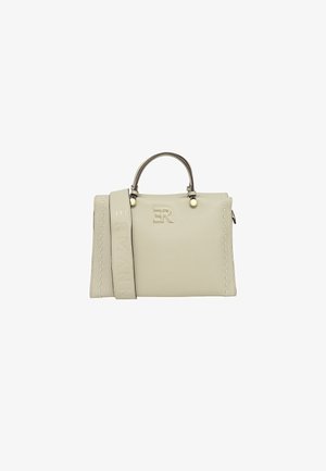 Borsa a tracolla in pelle beige con finitura testurizzata, doppi manici superiori, tracolla staccabile e dettaglio del logo impresso sulla parte anteriore.