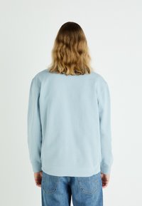 Sudadera azul claro hecha de algodón suave, con un corte relajado, mangas largas y un dobladillo acanalado. Vista desde la parte posterior.