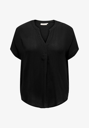 Črna majica iz lahkega materiala z udobnim krojem, kratkimi rokavi in V-izrezom. Gladka tekstura z rahlim leskom.