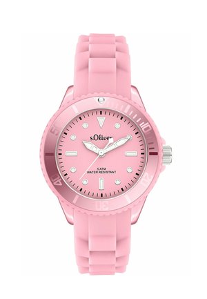 Pink s.Oliver wristwatch with silicone strap, analog display, silver hands, round markers, and 5 ATM water resistance.