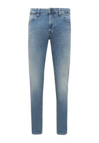 Jeans aus hellblauem Denim mit verwaschenem Look. Mit Knopfverschluss, fünf Taschen und schmaler, taillierter Passform. Glatte Textur.