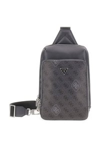 Borsa a tracolla nera con motivo e logo triangolare. Presenta un tessuto resistente, una tracolla regolabile e una tasca frontale con zip.