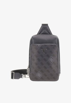 Schwarze, gemusterte Umhängetasche mit einem dreieckigen Logo. Sie besteht aus strapazierfähigem Material, hat einen verstellbaren Riemen und eine mit Reißverschluss verschlossene Vordertasche.