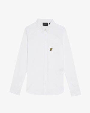 Λευκός μακρυμάνικος πουκάμισος με κουμπιά, γιακά, εμπρόσθια τσέπη και μικρό κίτρινο και μαύρο κεντητό λογότυπο στην τσέπη.