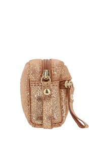 Rose gold glitter cosmetic bag with a textured surface, zipper closure, side strap, and gold-tone hardware accents. Compact rectangular shape.