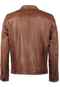 Veste en cuir marron avec un dos texturé, un col et des fermetures à pression. Présente des épaules rembourrées et des coutures détaillées sur les manches.