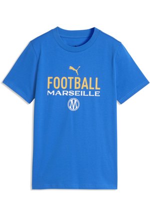 Blå kortærmet skjorte med gult Puma-logo, gul tekst "FOOTBALL," hvid "MARSEILLE," og et hvidt Marseille fodboldklub-logo.