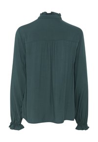 Blusa a maniche lunghe di un verde scuro con colletto arricciato, dettaglio raccolto sulla schiena e polsini elasticizzati, realizzata in tessuto liscio.
