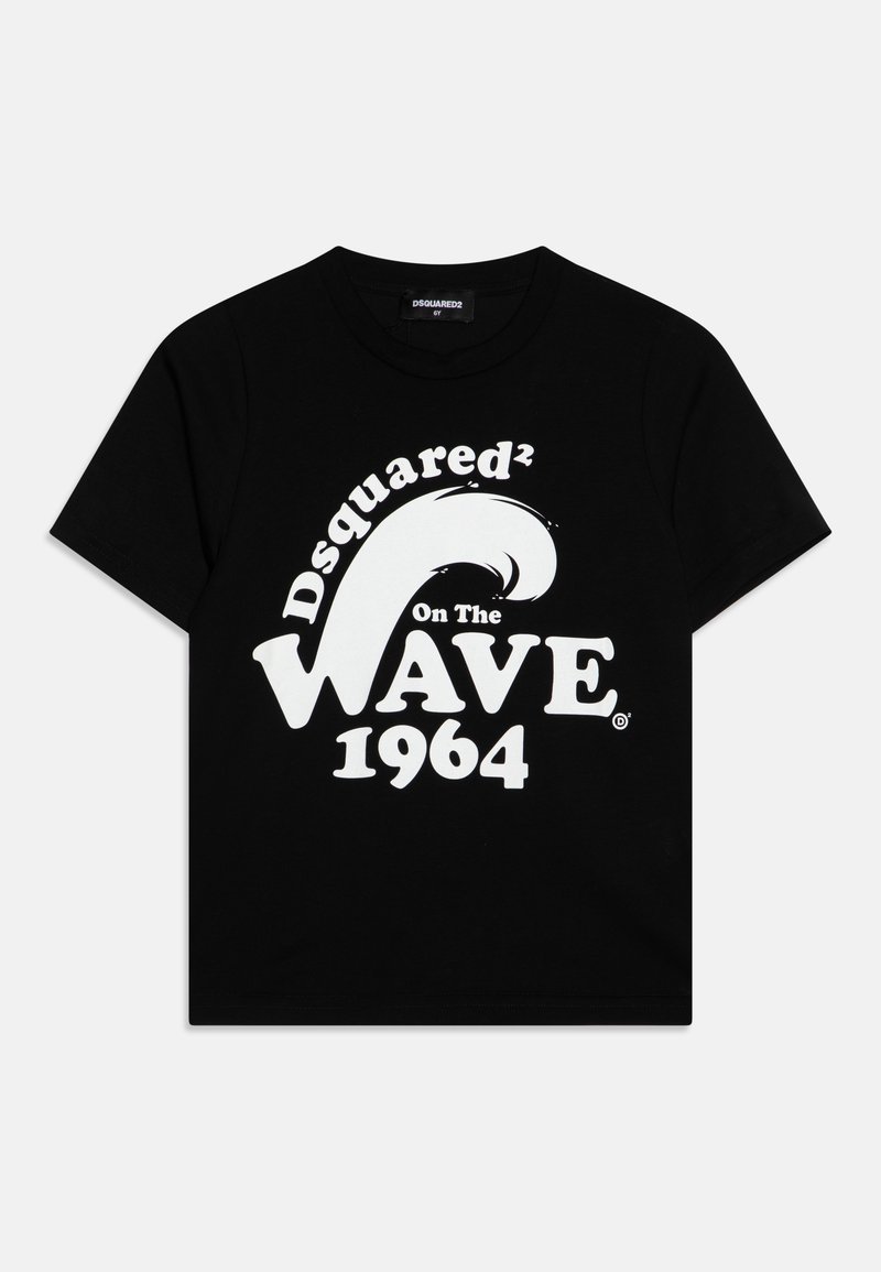 T-shirt nera in cotone, con grande testo grafico bianco "Dsquared² On The WAVE 1964" in diversi stili di carattere. Maniche corte.