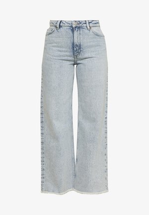 Jasnoniebieskie dżinsy z szerokimi nogawkami, wykonane z denimu, z wysokim stanem, zapięciem na guzik oraz surowymi krawędziami na dole.