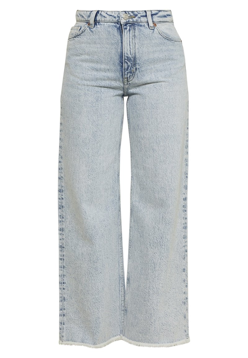 Světle modré džíny s širokými nohavicemi vyrobené z denimu, s vysokým pasem, zapínáním na knoflík a surovými okraji na lemu.