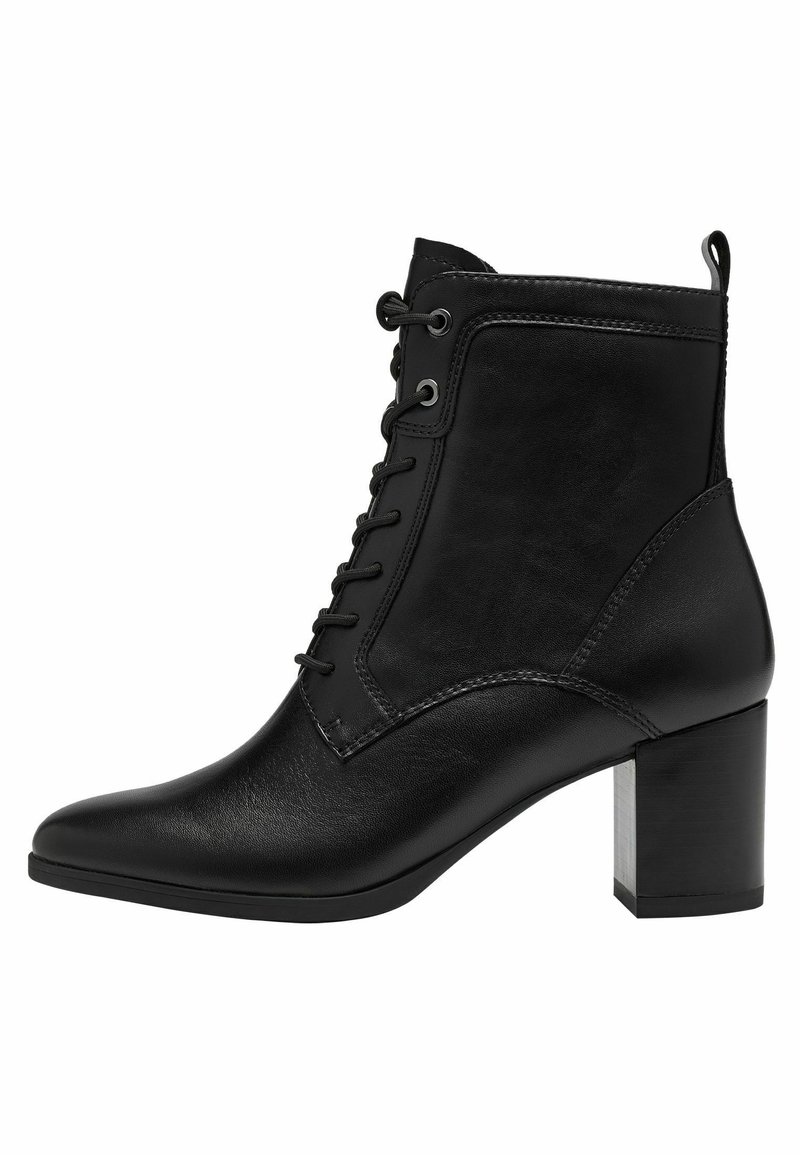Black leather ankle boot with a pointed toe, lace-up front, and a chunky heel. Features stitched accents and metal eyelets.