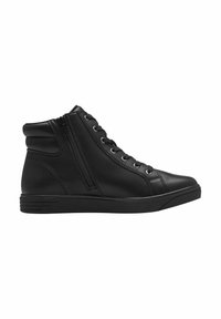 Black high-top sneakers made of textured leather with lace-up front and side zipper. Features a flat rubber sole and padded ankle collar.