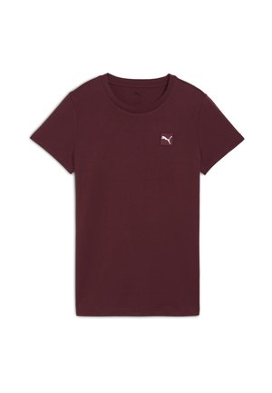 Bordeaux bomulds t-shirt med rund halsudskæring og korte ærmer, prydet med et lille hvidt Puma-logo på brystet. Glat tekstur.