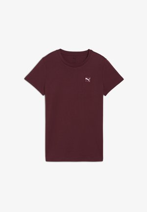 T-shirt in cotone bordeaux con collo rotondo e maniche corte, con un piccolo logo Puma bianco sul petto. Texture liscia.