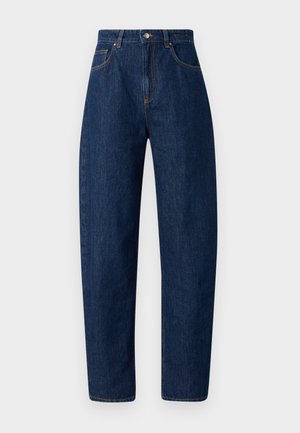 Jeans en denim bleu foncé avec une taille haute, une coupe droite, des surpiqûres contrastantes et cinq poches. Fermeture à bouton et à zip en argent.