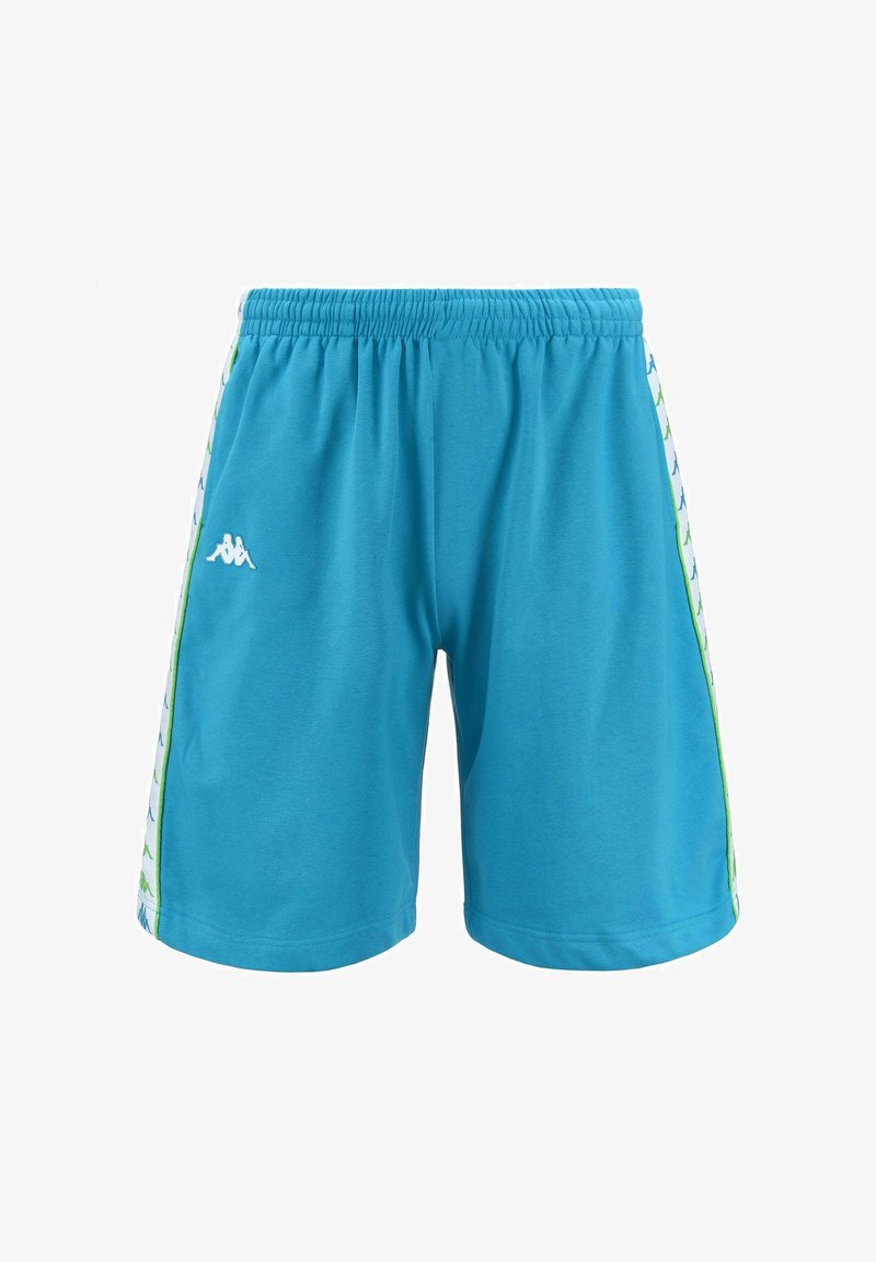 Blaue Sportshorts mit elastischem Bund und weißen Seitenstreifen, die sich wiederholende grüne und blaue Logomuster zeigen.