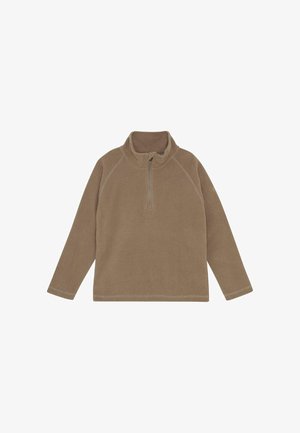 Brown fleece pullover with long sleeves, a stand collar, and a front half-zip closure, laid flat on a white background.