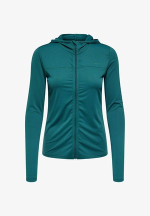 Lett, teksturert hettejakke i grønnblå farge med hel glidelås foran og lange ermer, designet for kvinneaktivtøy.