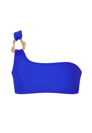 One-shoulder bikini top in bright blue with a textured gold accent at the strap, featuring smooth fabric and minimal stitching details.