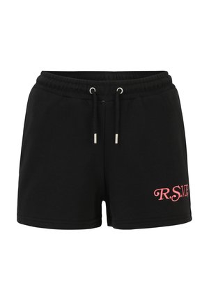 Schwarze Baumwollshorts mit elastischem Bund, Kordelzug und silbernen Beschlägen. Mit pinkfarbigem gesticktem "R.S.V.P."-Logo auf der Vorderseite.