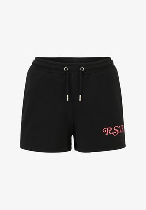 Shorts neri in cotone con vita elasticizzata, coulisse e dettagli in metallo argentato. Presentano il logo ricamato "R.S.V.P." in rosa sul davanti.